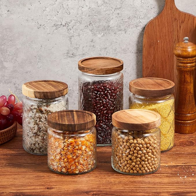 Gerrii Clear 5 Pcs Vintage Glass Food Storage Containers 17/24/34 oz Glass Jar with Lid Airtight Candy Food Canisters for Kitchen Counter Pantry Coffee Beans (Begonia,Sunflower,Window Grilles Round)