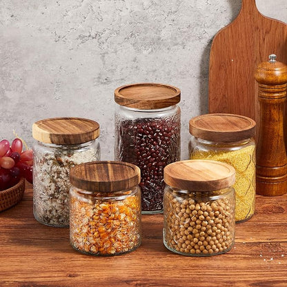 Gerrii Clear 5 Pcs Vintage Glass Food Storage Containers 17/24/34 oz Glass Jar with Lid Airtight Candy Food Canisters for Kitchen Counter Pantry Coffee Beans (Begonia,Sunflower,Window Grilles Round)