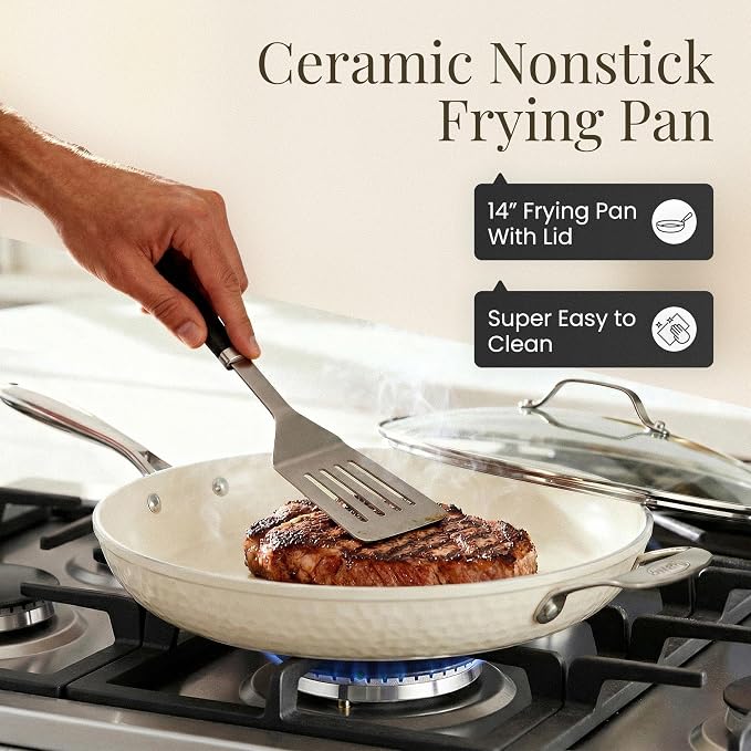 GOTHAM STEEL HAMMERED 14 Inch Non Stick Frying Pans with Lid, Extra Large Frying Pans Nonstick Cooks Family Sized Meals, Non Toxic PFOA Free, Induction Ready, Oven and Dishwasher Safe