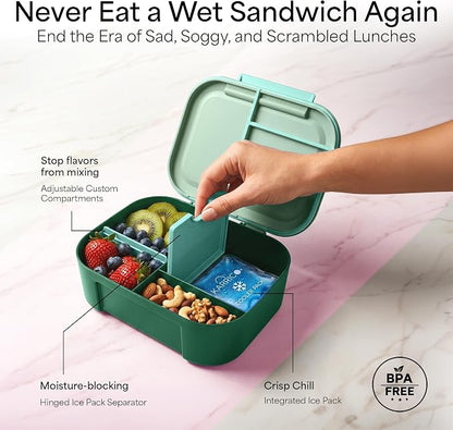 KARRICO Leakproof Lunch Box – 3-Compartment Bento Box, Cooler Pack & Adjustable Divider, Extra Large & BPA-Free – Dishwasher Safe, Ideal for On-the-Go Meals, Green