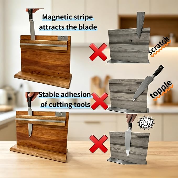 Large Magnetic Knife Holder - 14.5 x 11" Double-Sided Acacia Wood Block with Built-in Sharpener, Holds 14+ Knives, Premium Kitchen Counter Organizer for Professional Chefs