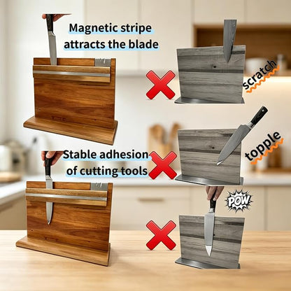 Large Magnetic Knife Holder - 14.5 x 11" Double-Sided Acacia Wood Block with Built-in Sharpener, Holds 14+ Knives, Premium Kitchen Counter Organizer for Professional Chefs