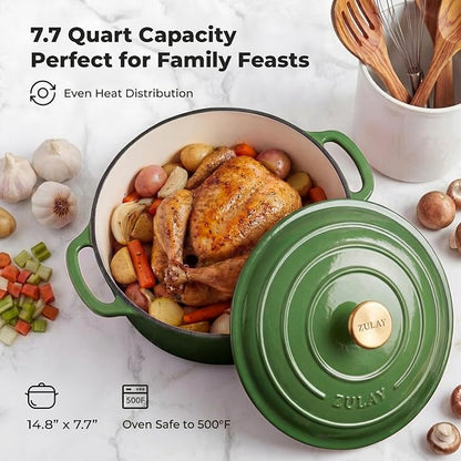 Zulay Kitchen 7.7 Quart Enameled Cast Iron Dutch Oven Pot with Lid – Premium Durability & Oven Safe up to 500°F – Heavy Duty Cookware Perfect for Bread Baking, Stews, Braising & Roasting – Green