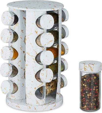 Relaxdays, White Spice Carousel, 20 Spice Jars, Shaker Insert, 360° Rotatable, Spice Bar, H x D 33.5 x 19 cm, Marble Look, Glass