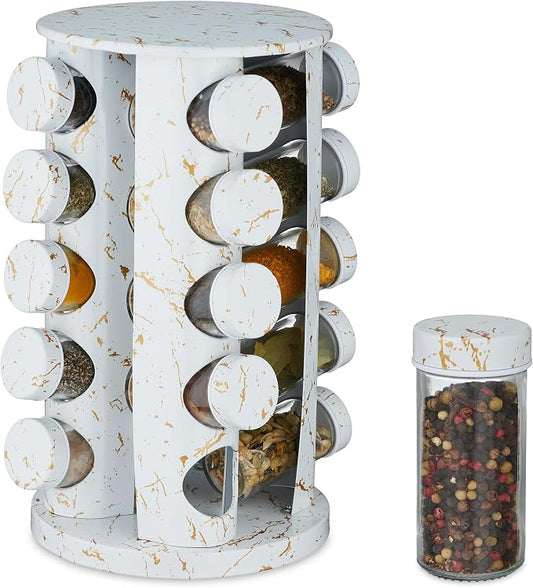 Relaxdays, White Spice Carousel, 20 Spice Jars, Shaker Insert, 360° Rotatable, Spice Bar, H x D 33.5 x 19 cm, Marble Look, Glass