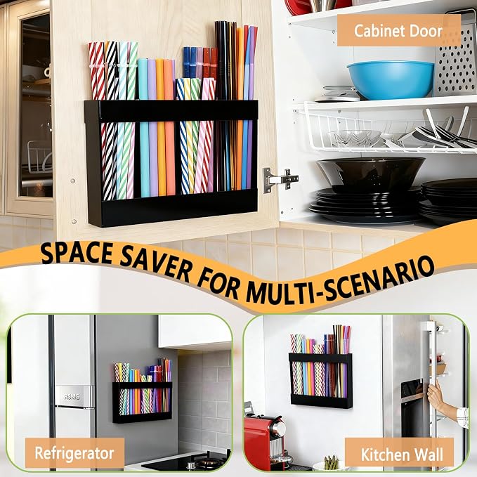 NTIERA 9.5" Large Acrylic Straw Holder for Cabinet Door-Reusable Tumbler Straw Organizer Storage,Small Kitchen Organizers and Storage Accessories Container, Ultra Sticky Cupboard Door Mounted(Black)