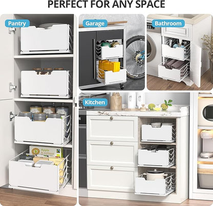 ZOINLIY Pull Out Cabinet Organizer, Pantry Slide Out Drawer Organizer with Adhesive Strips, Heavy Duty Under Sink Organizer, Storage and Organization for Kitchen, Bathroom, 15.7" D x 11.8" W x 6.7" H