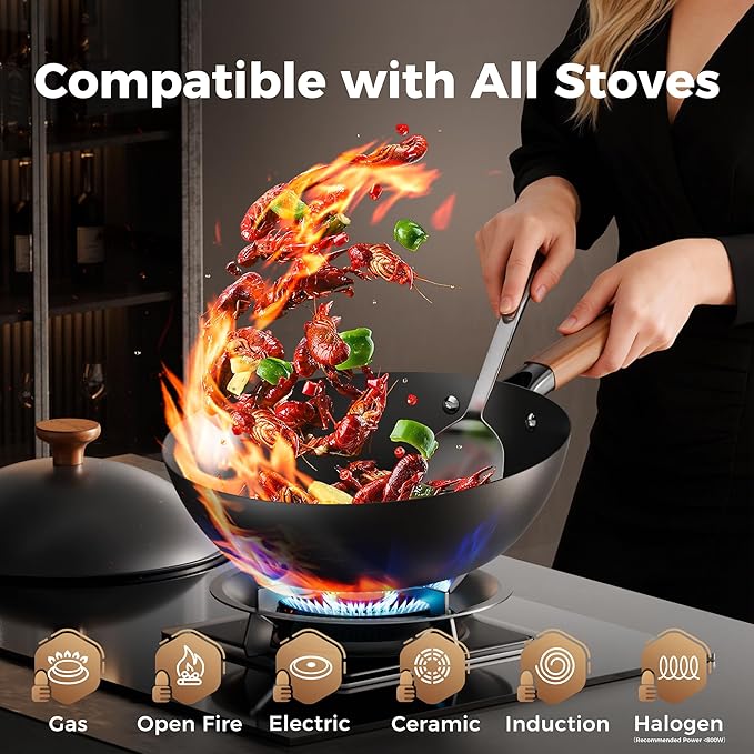 Sanho 12.6 Inch Carbon Steel Wok Pan, 5QT Woks & Stir-Fry Pans Nonstick with Lid, No Seasoning Required & 0 Coating, Compatible with All Cooktops & Utensils for Stir Fry, Pan-Fry, Steam, Camping