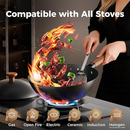 Sanho 12 Inch Carbon Steel Wok Pan, 4QT Woks & Stir-Fry Pans Nonstick with Lid, No Seasoning Required & 0 Coating, Compatible with All Cooktops & Utensils for Stir Fry, Pan-Fry, Steam, Camping