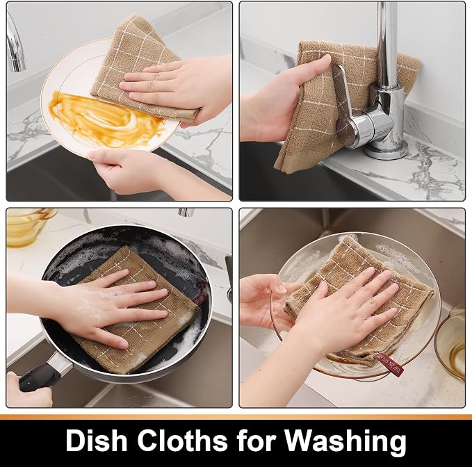 Mordimy 100% Cotton Terry Cloth Dish Cloths, Soft and Absorbent Checkered Dish Towels, Quick Drying Dish Rags for Washing Dishes, 12 Pack, 12 x 12 Inches, Tan