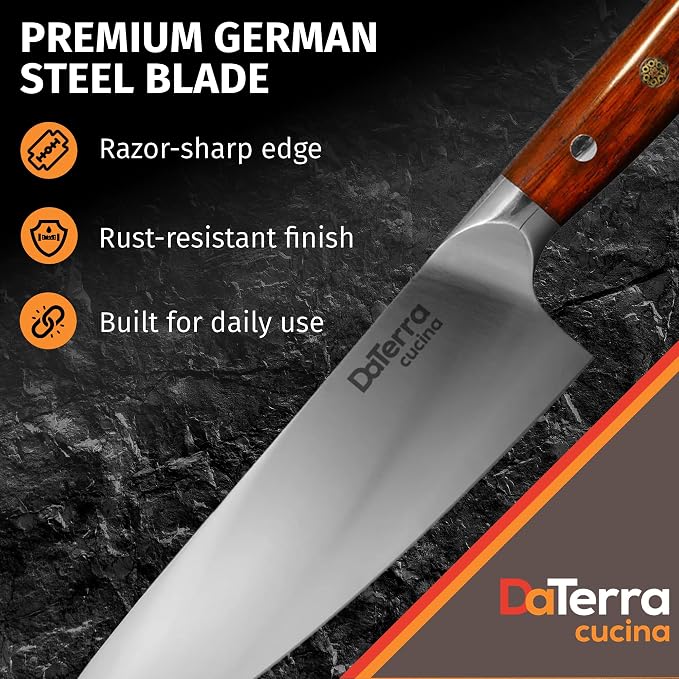 DaTerra Cucina - 8 Inch Chef Knife – German Steel Professional Kitchen Knife with Ergonomic Rosewood Handle, Sharp, Durable, Easy to Clean | Ideal for Chopping, Slicing & Dicing