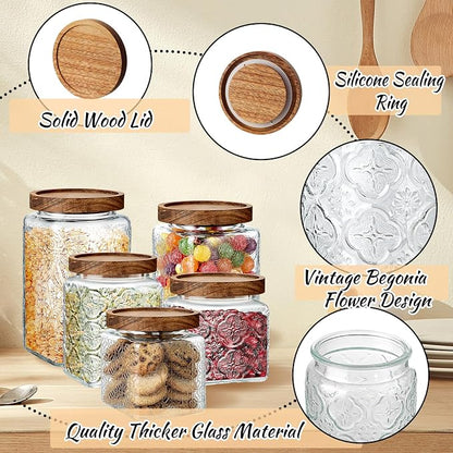 Gerrii Clear 5 Pcs Vintage Glass Food Storage Containers 17/24/34 oz Glass Jar with Lid Airtight Candy Food Canisters for Kitchen Counter Pantry Coffee Beans (Begonia,Sunflower,Window Grilles Square)