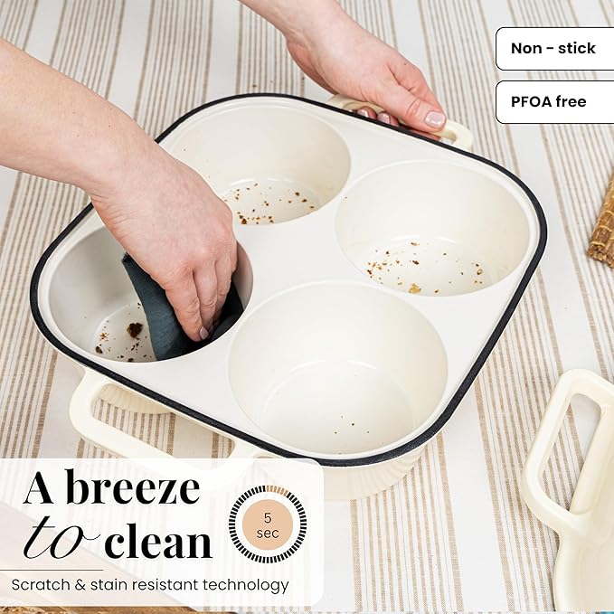 QuadPro Enamelled Cast Iron Bread Loaf Pot – Dutch Oven for Sourdough Bread Baking – 500°F Oven Safe Non Stick Bread Pot – 4 Round Loaf Spaces (4.90-inch Diameter), Cream – by Nuovva