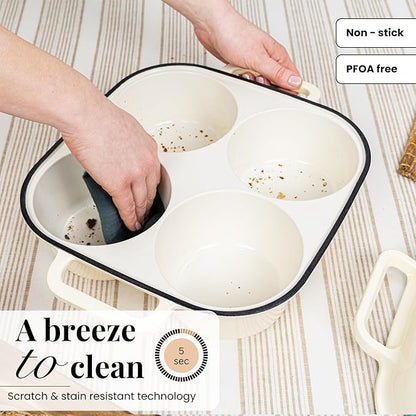 QuadPro Enamelled Cast Iron Bread Loaf Pot – Dutch Oven for Sourdough Bread Baking – 500°F Oven Safe Non Stick Bread Pot – 4 Round Loaf Spaces (4.90-inch Diameter), Cream – by Nuovva