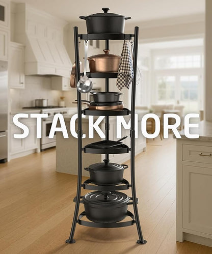 KES 264 Lbs Capacity Freestanding Pot Rack, 6-Tier Cast Iron Cookware Stand with 6 Hooks, Pots and Pans Storage Tower for Kitchen, Stable Base, Anti-tip Strap & Floor Protectors Black, KUR531S6-BK
