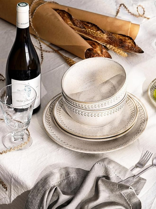 LE TAUCI 24 Piece Dinnerware Sets for 8, Large Plates and Bowls Sets, Ceramic Dishes Set for 8, Modern Stoneware Tableware, Chip Resistant, Ideal for Hosting, Reactive Beige (8"&10" Plate, 27oz Bowl)