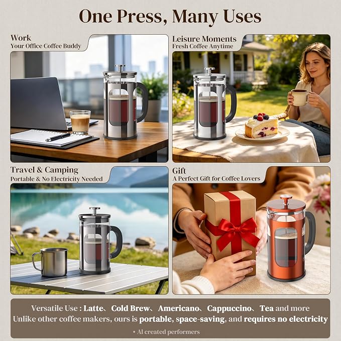 Veken French Press Coffee Maker 34oz, No Plastic Touching Cafe,Thickened Glass Stainless Steel Brewer, Cold Brew Cafetera Tea pot for Kitchen Travel Camping, Gifts, Decor, Bar Accessories, Dark Pewter