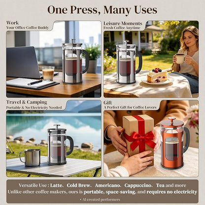 Veken French Press Coffee Maker 34oz, No Plastic Touching Cafe,Thickened Glass Stainless Steel Brewer, Cold Brew Cafetera Tea pot for Kitchen Travel Camping, Gifts, Decor, Bar Accessories, Dark Pewter