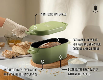KooK Oval Loaf Shaped Cast Iron Dutch Oven for Bread Baking, 3.4 Qt Sourdough Dutch Oven with Lid, Enameled, Lid Lever, Dual Handles, Dishwasher Safe, 500°F, Sage Ombre