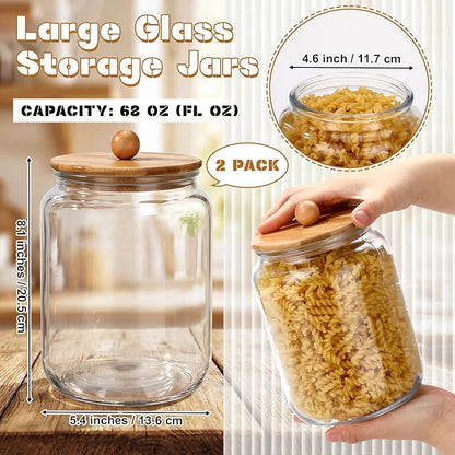 Suclain 2 Pack 68 oz Glass Storage Jars with Airtight Knob Bamboo Lid Thick Food Canister with Seal Clear Food Storage Container for Kitchen Flour Sugar Cookies Coffee Bean Pantry Organization