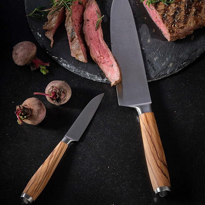 Rösle Artesano Forged Santoku Knife with Olive Wood Handle, Fluted Edges made for Fine Cutting Meat, Fish, and Vegetables, 6.5 in Blade
