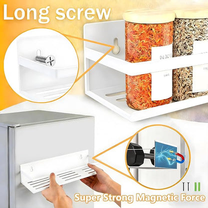 SMRCAD Magnetic Spice Rack for Refrigerator, 4pack Magnetic Shelf for Fridge Space Saving Seasoning Organizer for Any Metal Surface No Drilling Needed (WHITE -cut out, 4pack)