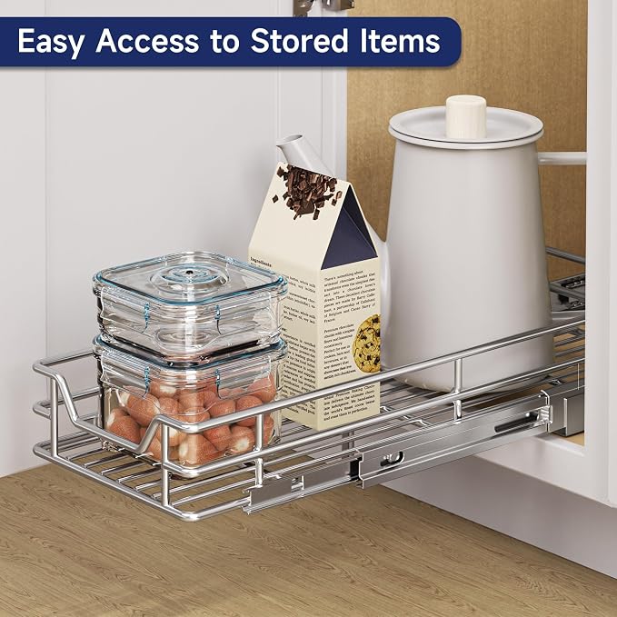 Pull Out Cabinet Organizer, 7.5" W x 21.5" D, Heavy Duty Chrome Slide Out Shelf for Narrow Base Cabinets, Sliding Wire Basket Drawer for Spices, Bottles, Snacks & Cleaning Supplies