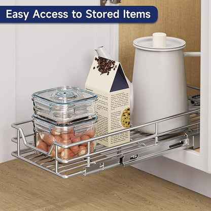 Pull Out Cabinet Organizer, 7.5" W x 21.5" D, Heavy Duty Chrome Slide Out Shelf for Narrow Base Cabinets, Sliding Wire Basket Drawer for Spices, Bottles, Snacks & Cleaning Supplies