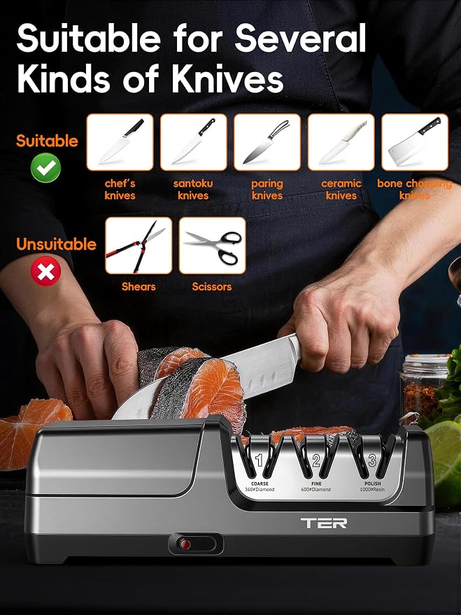 Electric Knife Sharpener, 3-Stage Diamond Knife Sharpener for Kitchen Knives 20-Degree Angle, 40S Quick Sharpening & Polishing for Chef, Santoku, Ceramic Knives, Easy to Use for Beginners, Black