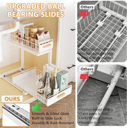 Under Sink Organizer 1 Pack Pull Out Cabinet Organizer with Ball Bearing Sliding Drawer 2 Tier Adjustable Storage Rack Heavy Duty for Kitchen Bathroom White