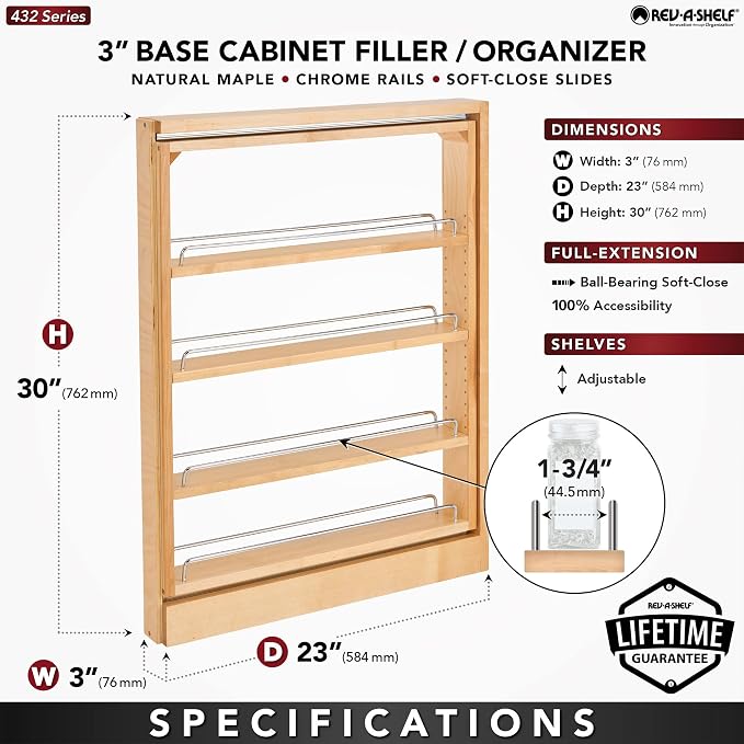 Rev-A-Shelf Pullout Filler w/Soft-Close for Between Base Kitchen Cabinets, Wooden Pantry Storage Shelves for 3" W x 30" H Opening, New Install Only, 432-BFBBSC-3C