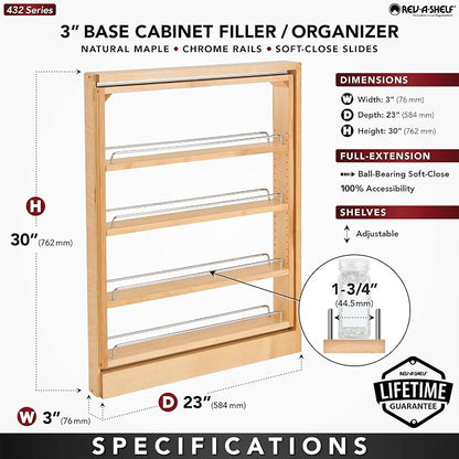 Rev-A-Shelf Pullout Filler w/Soft-Close for Between Base Kitchen Cabinets, Wooden Pantry Storage Shelves for 3" W x 30" H Opening, New Install Only, 432-BFBBSC-3C