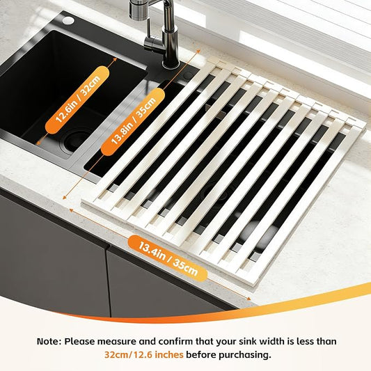 Foldable Over Sink Dish Drying Rack, Extra Wide & Thick Rust-Proof Aluminum Sink Cover for Counter Space, Collapsible Dish Drying Rack Fits Most Kitchen Sinks (White, 13.8“x13.6)