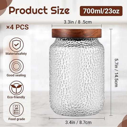 LemonRoad 4 Pack 23 oz Vintage Glass Jars with Lid Decorative Airtight Glass Food Containers Anti Slip Storage Canister for Kitchen Counter Pantry Coffee Nuts Sugar Candy Tea Cookie Spices Oats Cereal