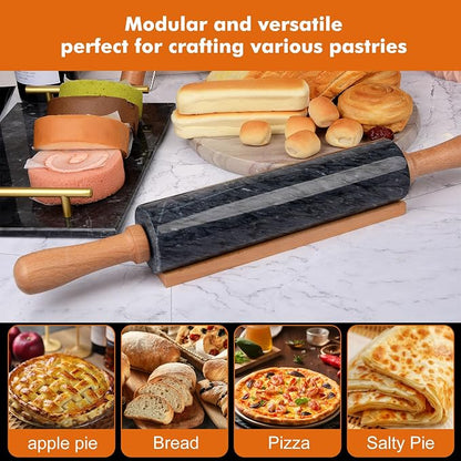 18.5 inches Marble Rolling Pin,Large Non-Stick Dough Roller,for making pizza, cookies,pie crusts, and pasta.with Silicone Pastry Mat,Stainless Steel Scraper,and Small Wooden Roller Pin(Black)