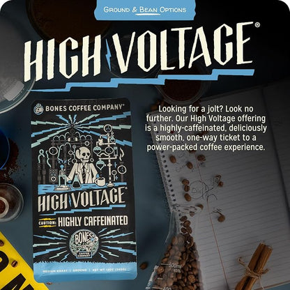 Bones Coffee Company High Voltage, Highly Caffeinated Unflavored Coffee, Medium Roast Low Acid Arabica Beans Compatible with Auto drip and French Press Coffee Maker, 12 Oz Whole Bean