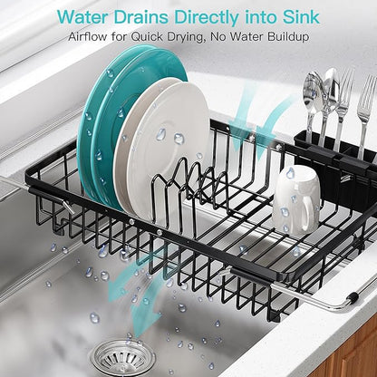 JASIWAY Black Expandable Stainless Steel Over The Sink Dish Drying Rack for Small Kitchen Counter Space Saving, Compact Plate Drainer Strainer, Adjustable Hanging Metal Dish Dryer with Utensil Holder