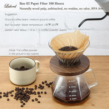 Lalord Pour Over Coffee Dripper with 100 pcs Size 02 Paper Filter, Walnut Handle and Borosilicate Glass, Glass Coffee Dripper, Hold for 1-4 Cups