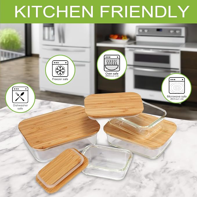 Glass Food Storage Containers with Bamboo Lids Eco-Friendly, set of 5, Airtight, Pantry Organization, Meal Prep Glass Containers. Plastic Free. BPA Free. Microwave Oven Dishwasher and Freezer Safe