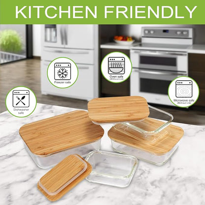 Glass Food Storage Containers with Bamboo Lids Eco-Friendly, set of 5, Airtight, Pantry Organization, Meal Prep Glass Containers. Plastic Free. BPA Free. Microwave Oven Dishwasher and Freezer Safe