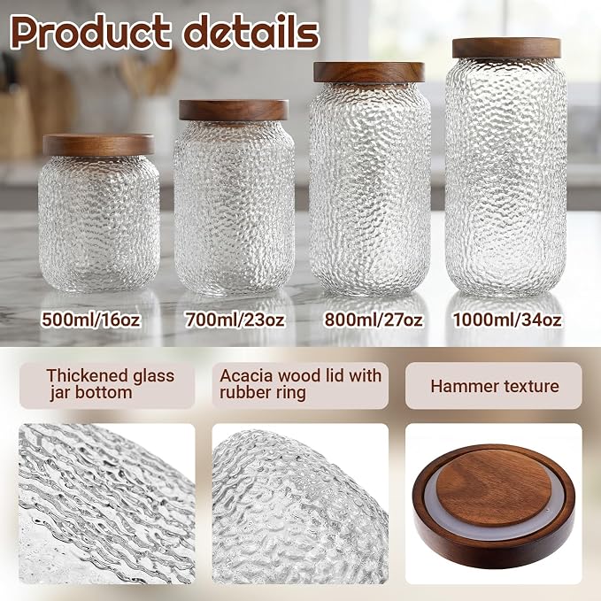 LemonRoad 4 Pack 33 oz Vintage Glass Jars with Lid Decorative Airtight Glass Food Containers Anti Slip Storage Canister for Kitchen Counter Pantry Coffee Nuts Sugar Candy Tea Cookie Spices Oats Cereal