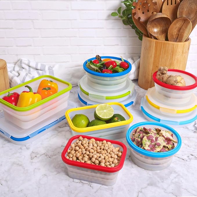 ECOBERI Collapsible Food Storage Containers, Silicone 5 Piece Set, 12/17/27/40 oz, BPA-Free Meal Prep Containers with Airtight Lids, Space-Saving, Freezer and Dishwasher Safe