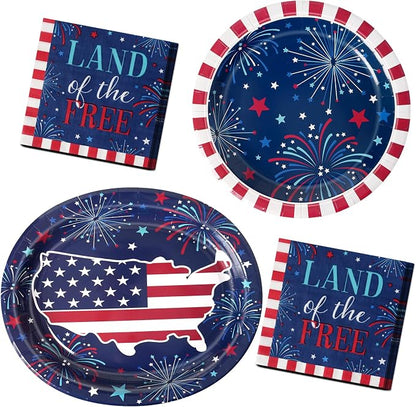 Dereinwo 100 PCS Patriotic Paper Plates and Napkins | Bundle Includes Paper Oval Dinner Plates Dessert Plate and Napkins for 4th of July Independence Day Party Supplies