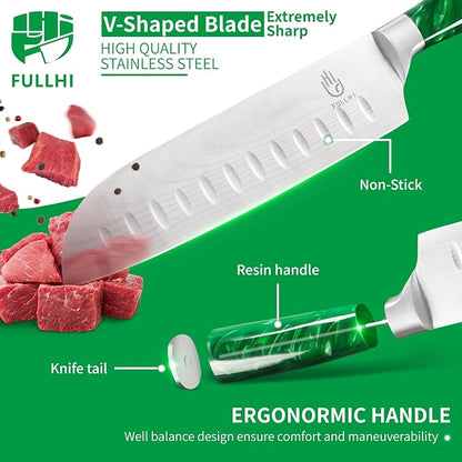 FULLHI 15pcs Japanese Knife Set with Magnetic Knife Block Holder, Japan Stainless Steel Blades, Green Resin Ergonomic Handles for Professional and Home Cooking