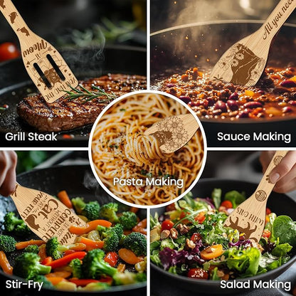 CUTHOLLOW 6PCS Cat and Flower Wooden Kitchen Cooking Utensil Set, 11.9in Non Toxic Bamboo Wood Spoon Set for Cooking, Best Housewarming Birthday Thanksgiving Christmas Gift for Women Mother
