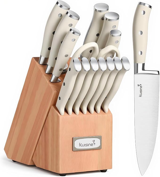 KUISINE Upgraded Knife Set High Carbon Stainless Steel Ultra Sharp Blade Ergonomic Handle,Knife Block Set with Built-in Sharpener(Ivory Acacia,15PCS)