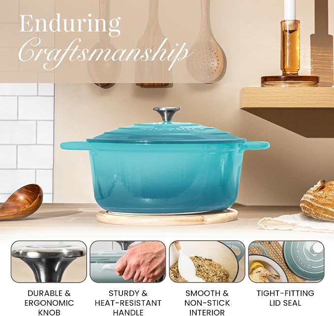 Cast Iron Dutch Oven with Lid-Non-Stick Ovenproof Enamelled Casserole Pot - Sturdy Dutch Oven Cookware-Teal, 7.3- Quart, 30cm- by Nuovva