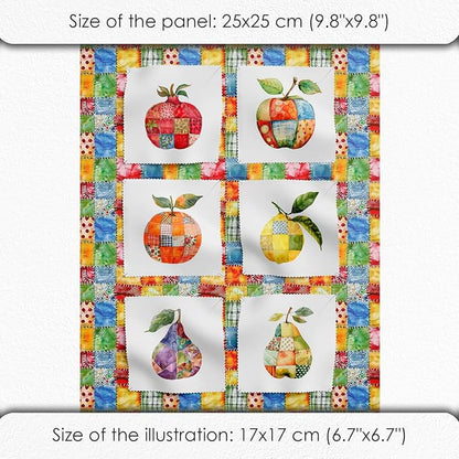 Fruit Patchwork Cotton Fabric Panel – 6 Fruit Designs (10×10 inch Each) + Bonus Patchwork Sheet 29.5×19.6 inch, 100% Cotton 140 GSM