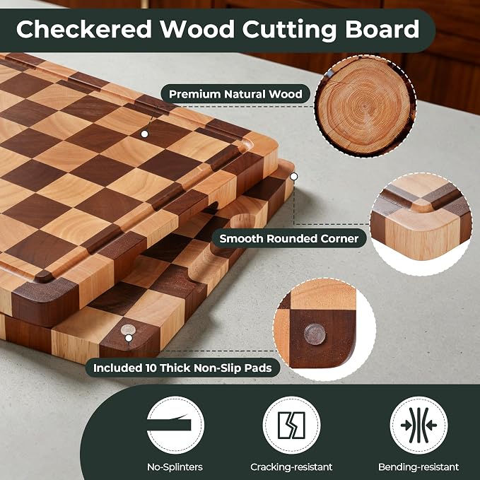WILLKOMMEN Checkered Cutting Board for Kitchen– Wood Checkerboard Chopping Board Wooden Checker End Grain Cooking Board with Juice Groove & Handle Serving Board for Meat,Fruit,Bread,Vegetable