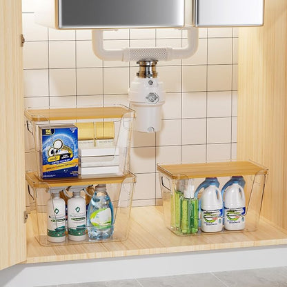 Delamu Acrylic Trash Bag Holder, 2 Pack Stackable Garbage Holder for 4-33 Gallon Bags, Clear Organizer Bins for Under Sink Organization, Pantry Storage, Cabinet, Kitchen, Laundry, Bathroom